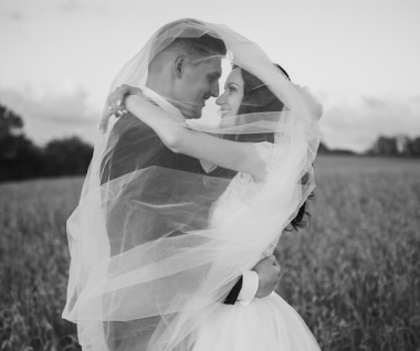 Bride and groom embrace behind bride's veil