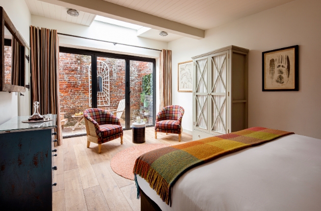Hotel room with courtyard at Eastbury hotel, Dorset