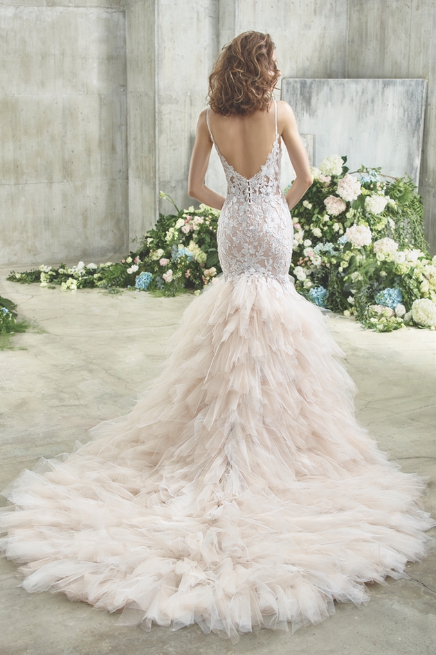 fishtail gown with blush underlay and lace effect