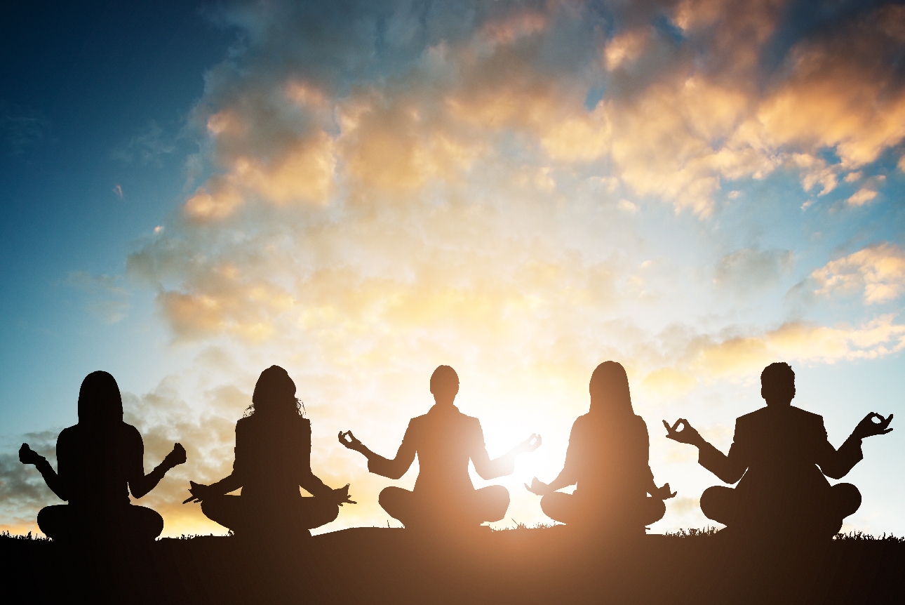 silhouette of a row of people sitting down in a yoga pose 