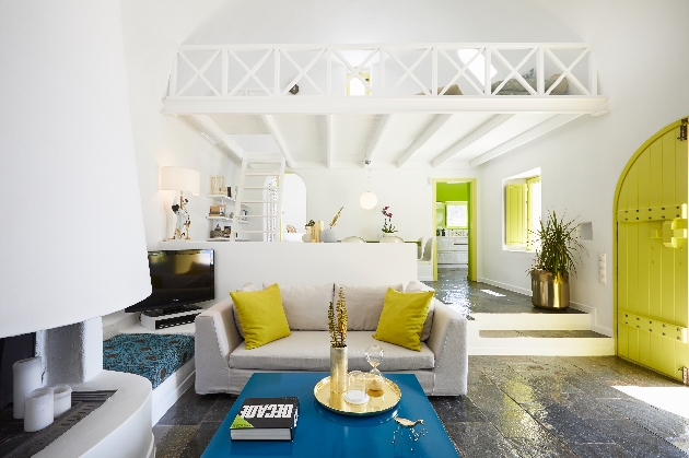 interior of villa all white with sofa lounger, mezzanine floor