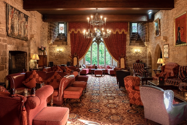 The exquisite drawing room at Langley Castle Hotel