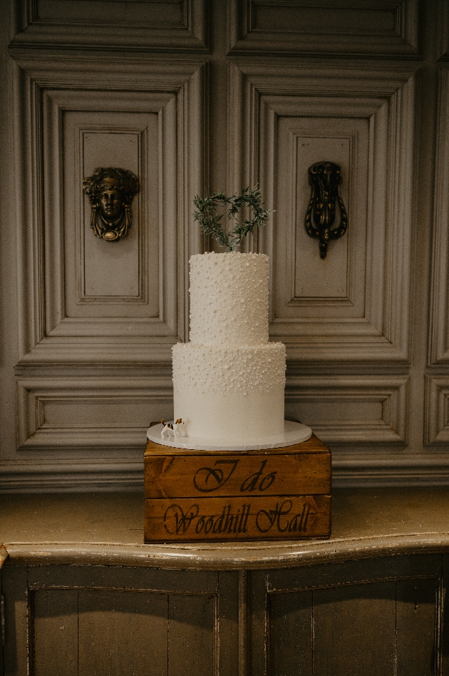 A white two-tiered wedding cake